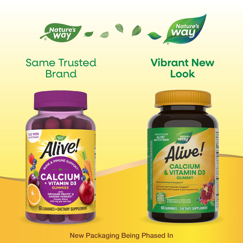 [Australia] - Nature's Way Alive! Daily Calcium & Vitamin D3 Gummies, Bone Support*, Immune Support*, Strawberry and Raspberry- Lemonade Flavored, 60 Gummies (Packaging May Vary) 