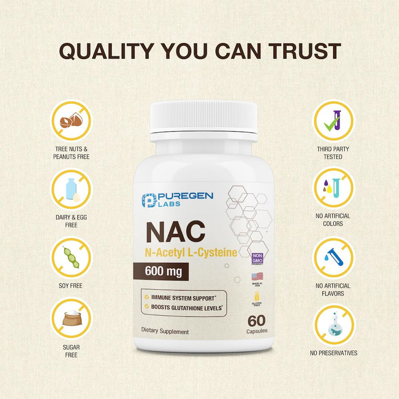 [Australia] - Puregen Labs N-Acetyl-L-Cysteine (NAC) 600mg, Supports immune, respiratory, liver health, NAC 600 mg, potent antioxidant support, free-radicals, easy to absorb - 60 Vegetarian Capsules 1 