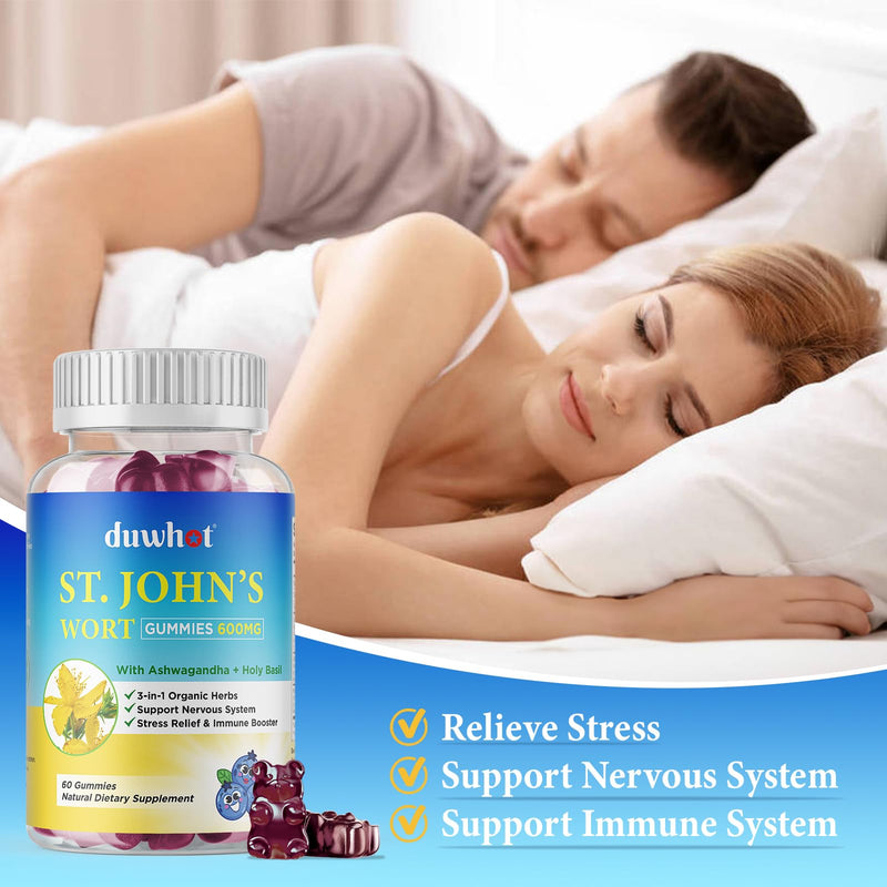 [Australia] - St John's Wort Gummies 600mg, with Ashwagandha & Holy Basil Extract for Adults & Kids, 3 in 1 Organic Herbal Supplements for Stress Relief, Nervous System Support, Non-GMO, Vegan, 60 ct. 