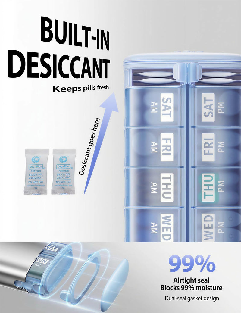 Vaydeer Metal 7 Day Travel Pill Organizer 2 Times a Day, Built-in Desiccant | AM PM weekly Travel Pill Case, Twice-Daily，Airtight Large Capacity Pill Box for Vitamins, Medication, Supplements & Fish Oil Silver Standard Size