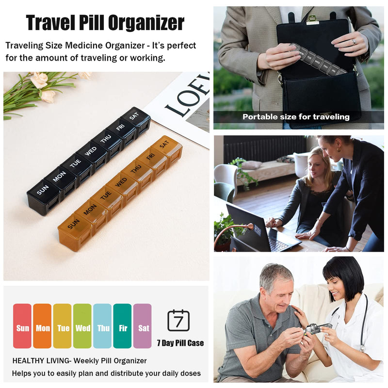 2 Pack Weekly Pill Organizer, Large 7 Day Pill Case, Daily Vitamin Case Medicine Box, AM/PM Pill Containers for Medicine Supplements Fish Oil (Black & Black) Black & Black