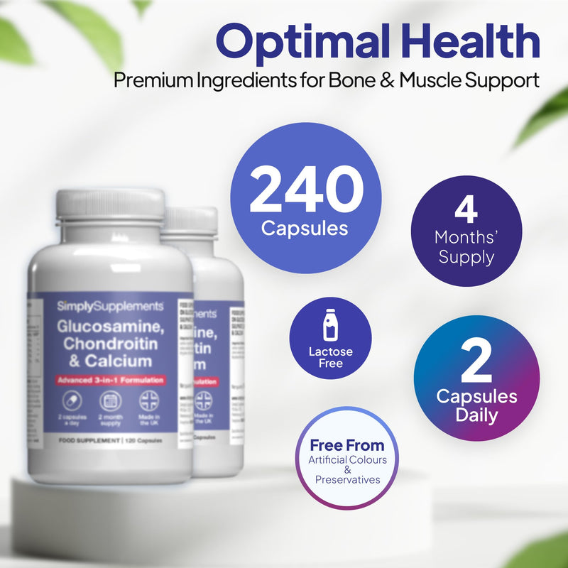 Glucosamine, Chondroitin & Calcium Supplement | Supports Bone & Muscle | 2KCl Glucosamine Sulphate & Chondroitin Sulphate | 240 Capsules = 4-Month Supply | Made in The UK to GMP Standards Unflavoured 1 count (Pack of 240)