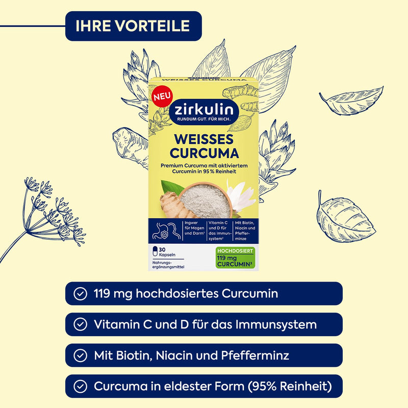[Australia] - Zirkulin White Curcuma 30 Capsules - Premium Curcuma High Dose & High Bioavailability - Promotes Gastrointestinal Wellbeing & Strengthens the Immune System - with Biotin, Niacin, Ginger & Vitamin C + D 30 Pieces (Pack of 1) 