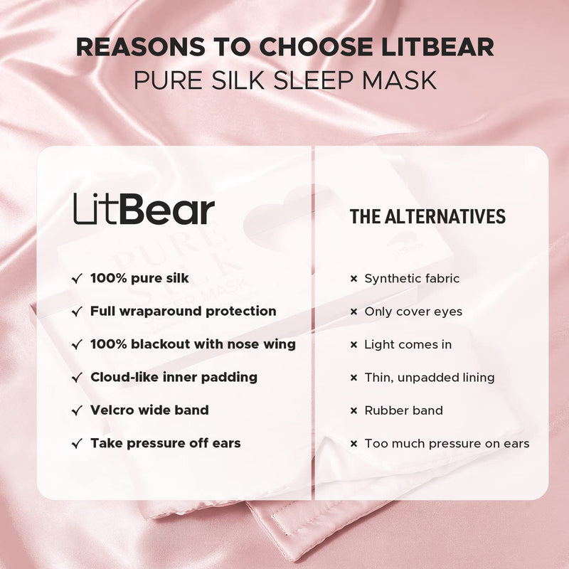 [Australia] - LitBear Silk Sleep Mask for Side Sleeper, Eye Mask Sleeping for Women Men 100% 22 Momme Pure Mulberry Silk, Face-Hugging Padded Eye Cover for Sleeping with Adjustable Band (Pink) Pink 