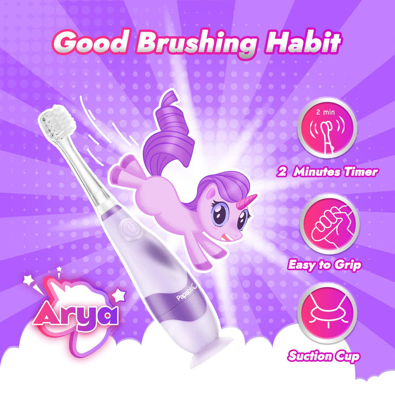 [Australia] - Papablic Toddler Sonic Electric Toothbrush Kids for Ages 1-3 Years, Baby Electric Toothbrush with Cute Unicorn Cover and Smart LED Timer, 4 Brush Heads (Arya) 4 Brush Heads Arya 