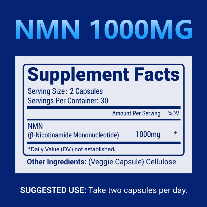 NMN 1000mg Per Serving Maximum Strength - 99% Pure NMN, Stabilized, 60 Caps | Nmn Supplement 1000mg Pure Organic, NMN (Nicotinamide Mononucleotide) for NAD, Cell, Immune, Energy, Anti-Aging & Longevity White 60 Count (Pack of 1)