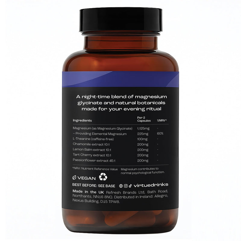 Virtue Night Cap Sleep | Magnesium Glycinate & L-Theanine Sleep Support | 6 Calming Ingredients Sleep Supplement | Natural Sleep Aid | 60 Vegan Capsules