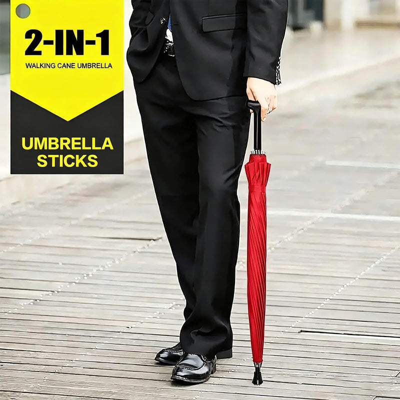 2-in-1 Walking Sticks Umbrella - Windbreak Ribs Walking Cane Umbrella Lightweight, Windproof, Heavy-Duty Frame- Ideal Father's Gift for Climbing, Hiking, Hanging Out on Raining Red
