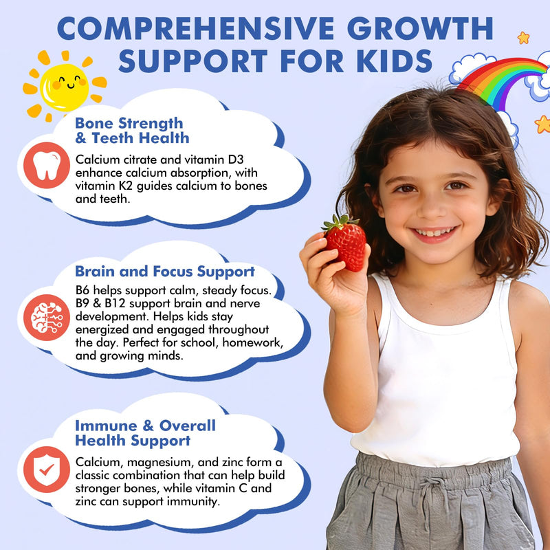 Kids Calcium Citrate Gummies with Vitamin D3 Supplement, Calcium Citrate 300/600 mg with Magnesium Zinc & Multivitamin for Kids 4+, Support Bone Muscle & Digestive Health, Sugar Free Strawberry,120ct 60 Count (Pack of 2)