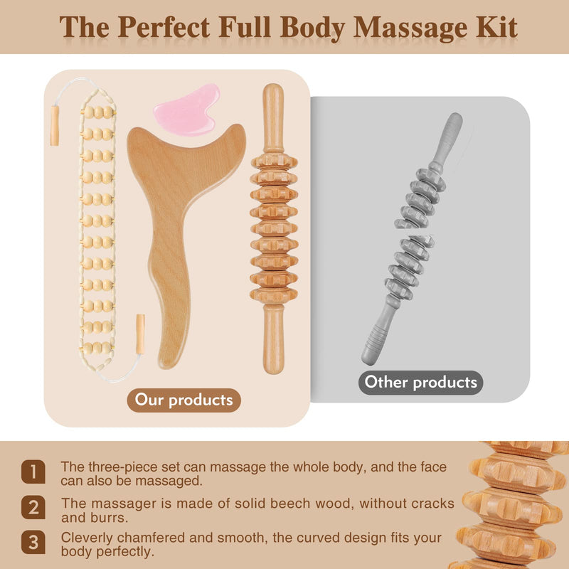 [Australia] - 4 in 1 Wood Therapy Massage Tools Lymphatic Drainage Massager Kit - Maderoterapia Kit - for Gua Sha Massage, Anti Cellulite, Body Sculpting, Get Rid of Cellulite 