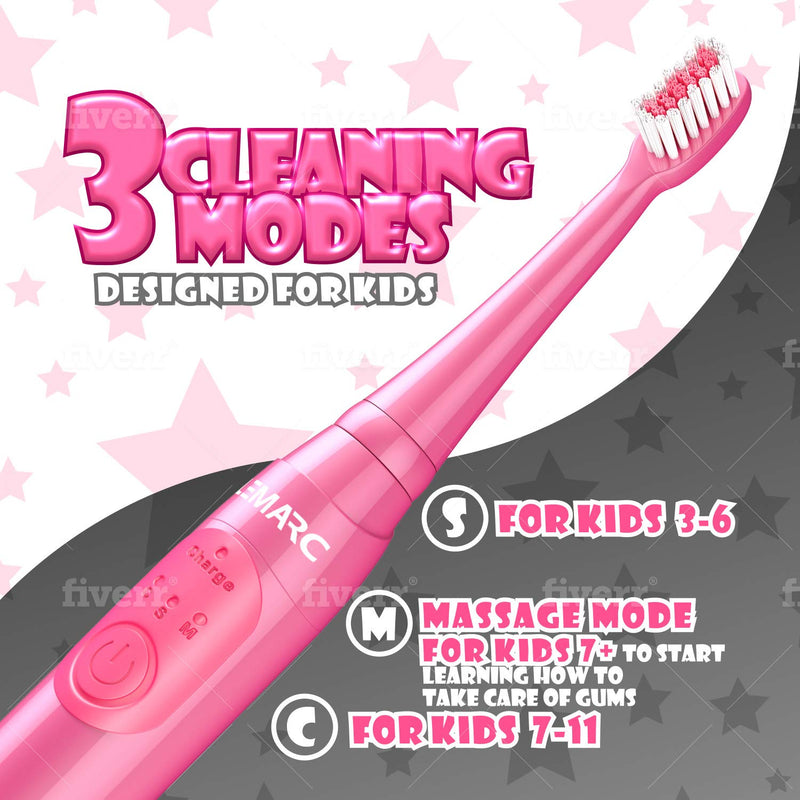 [Australia] - Supersonic Kids Electric Toothbrush 8 Dupont Brush Heads, USB Rechargeable, Vibration Speed Control Plus Massage Mode, 2 Min Timer, Waterproof, for Age 3+ Pink 