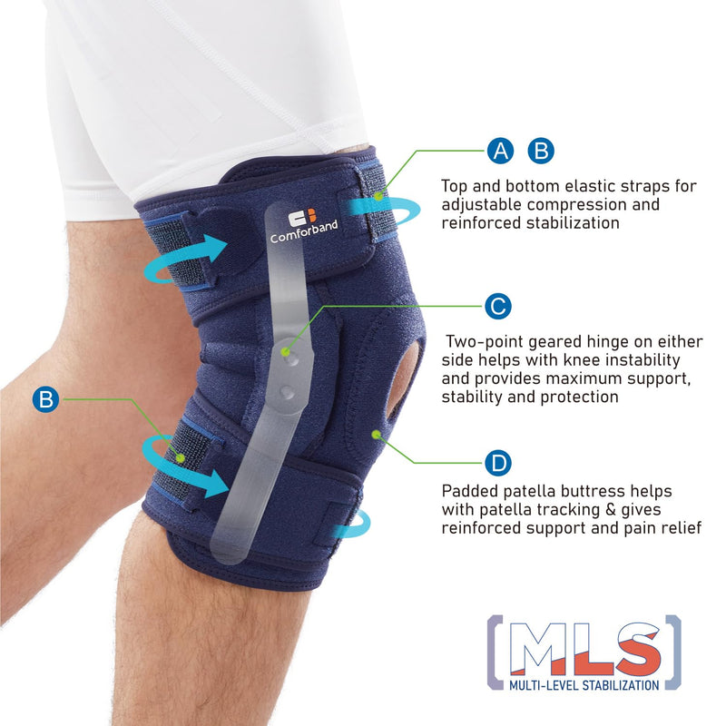 [Australia] - Adjustable Hinged Knee Brace, with Dual Side Hinges – Stabilizing Knee Brace for ACL PCL MCL Ligament Injuries, Meniscus Tear, Arthritis, Surgery Recovery - One Size fits Most. Navy 