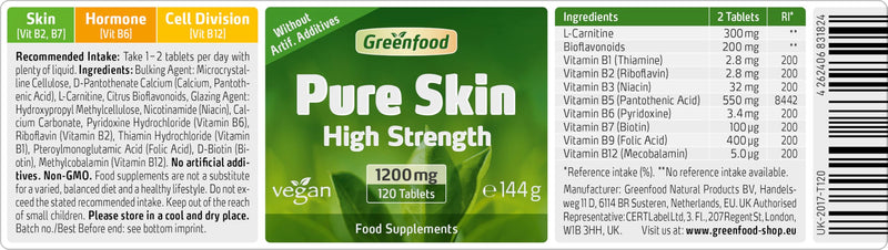Greenfood Pure Skin, 1200 mg, Extra high Dosage, 120 Tablets, Vegan - contributes to Normal Skin, Hair (biotin) and Regulation of Hormone Activity (Vitamin B6). Without Artificial additives. No GMO.
