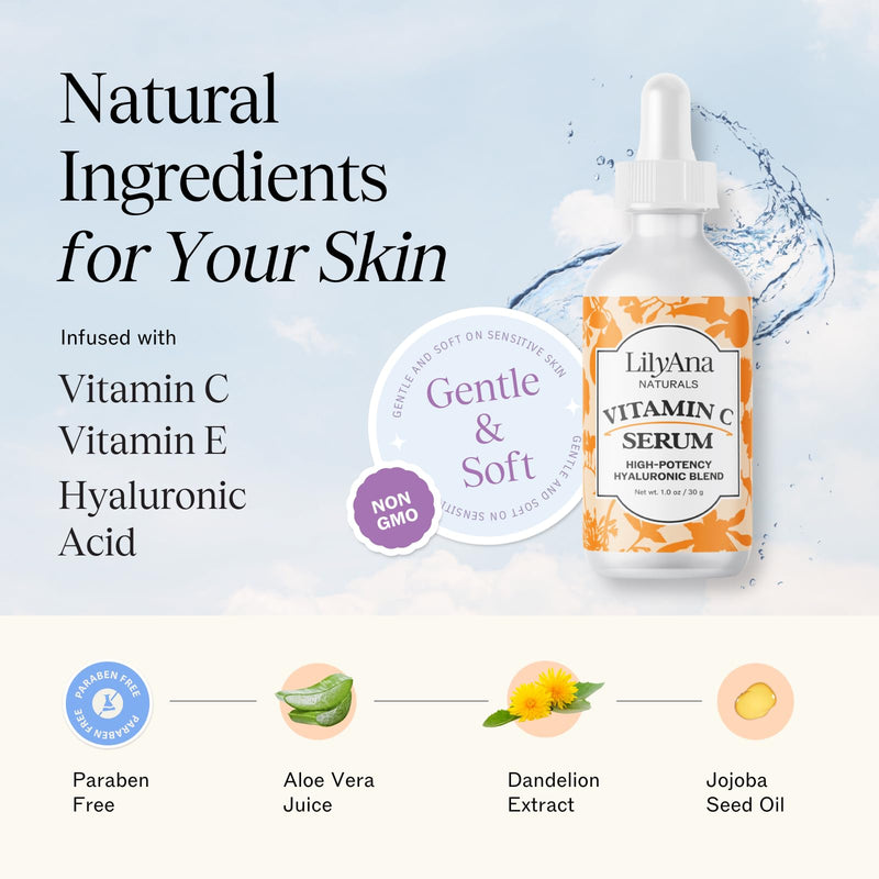 LilyAna Naturals Vitamin C Face Serum with Hyaluronic Acid, 2-Pack | Anti-aging serum with vitamin E helps reduce age spots and sun damage while supporting collagen and elastin. 1 Ounce (Pack of 2)