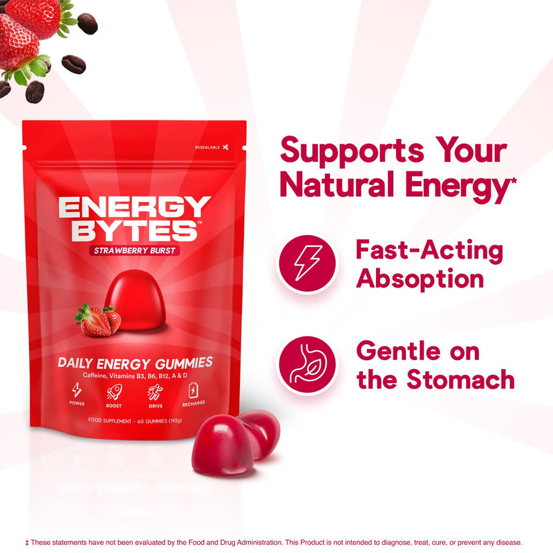 Energy Bytes Daily Energy Gummies – Fast Acting Caffeine Chews with Vitamins B3 B6 B12 A & D – Stay Focused and Energised Through Your Day – 60 Count