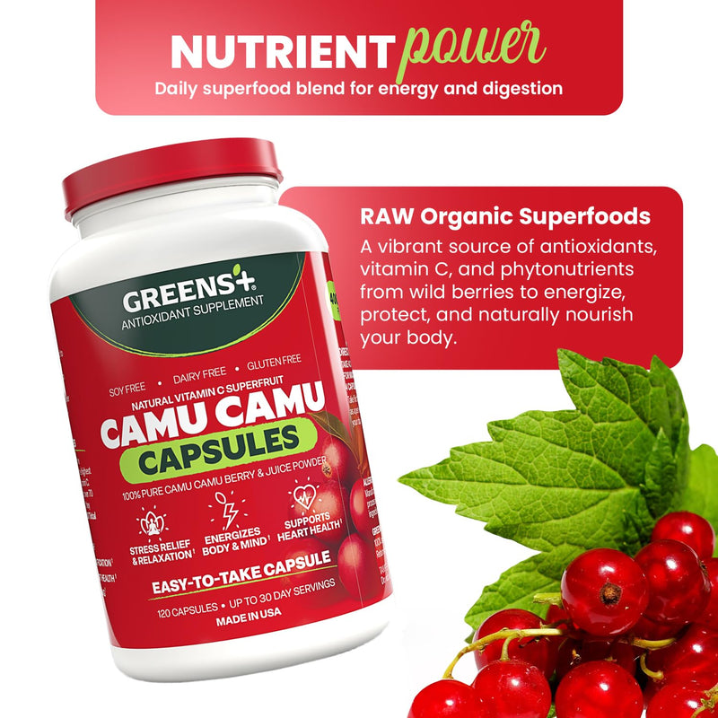 Greens+ SuperFruit Camu Berry Supplement Capsules | Antioxidant | 120 Count | Amazon Camu Camu Berry | Energy Boost Vitamins & Minerals | High ORAC Antioxidants, 400mg Natural Vitamin C Supplement