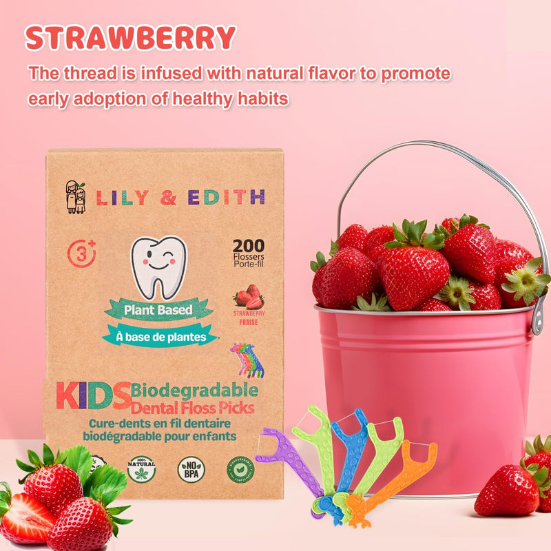 LILY & EDITH Kids Plant Based Dental Floss Picks 200 Counts, Fluoride Free, Corn Starch Material, Chemical Free, Fun Animal Flossing Sticks, Ultra Sturdy Thread, Zero Waste Package (Strawberry) Strawberry