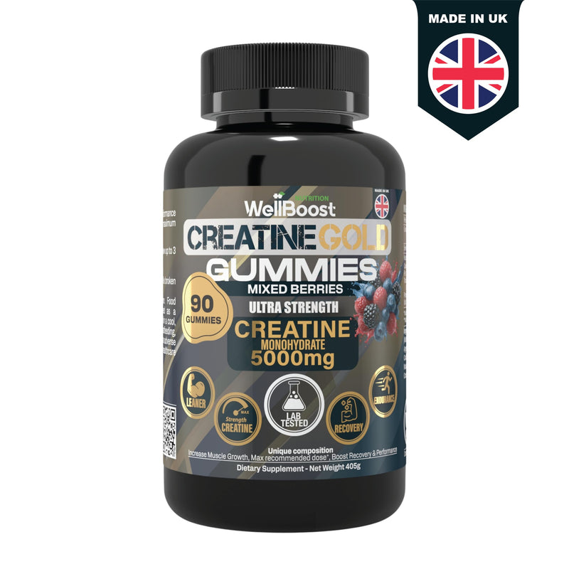WellBoost Creatine Gold – 5000mg Creatine Monohydrate Gummies, Vegan, Sugar-Free for Lean Muscle Growth, Endurance, Recovery & Energy (90 Gummies, 1 Month Supply) with Mixed Berry Flavour G-Creatine Gold -BlueBerry 90 count (Pack of 1)
