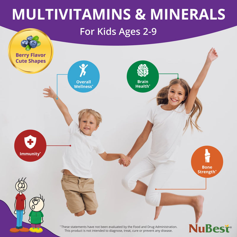NuBest Tall Kids - Toddlers Vitamins and Kids Vitamins for Age 2 to 9 - Support Bone Strength, Overall Health and Immunity - Animal Shapes - 90 Chewable Berry Tablets | 6 Weeks Supply Mixed Berries 90 Count (Pack of 1)
