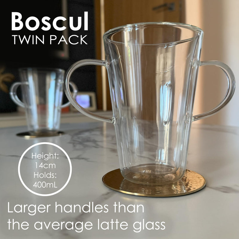 Two Handled Mugs Comes in 2 Pack, Borosilicate Double Wall Latte Glasses 400ml, Designed for Dignity, Weak Grip, Elderly, Arthritis, Disability, Alzheimers, Lightweight