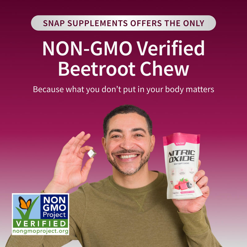 Snap Supplements Beet Root Natural Nitric Oxide Supplements for Men & Women, with Beet Root Extract for Energy, Heart Health & Circulation Support, 60 Soft Chews (1 Month Supply), Mixed Berry