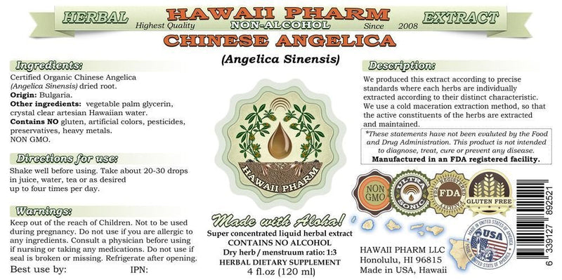 [Australia] - Hawaii Pharm Angelica Chinese Alcohol-Free Liquid Extract, Organic Angelica (Angelica Sinensis) Dried Root Glycerite Natural Herbal Supplement 2 oz 2 Fl Oz (Pack of 1) 