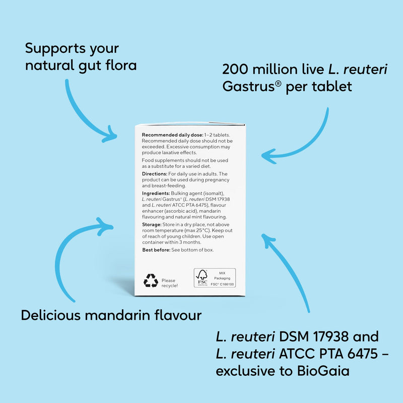 BioGaia Gastrus Probiotics for Gut Health | Bacterial Cultures with L. Reuteri to Balance Gut Flora | Dual Strains of Patented Lactobacillus Reuteri | 30 Chewable Supplement Tablets - Mandarin Flavour