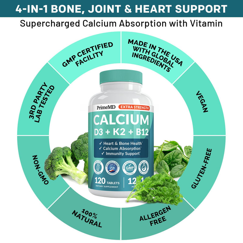 4-in-1 Calcium 1200 mg with Vitamin D3 K2 - Extra Strength Calcium Supplements for Women & Men with D3 K2 Vitamin 5000 IU - Everyday Vitality Supplement - Vegan-Friendly, Gluten-Free, Non-GMO (240ct) 120 Count (Pack of 2)