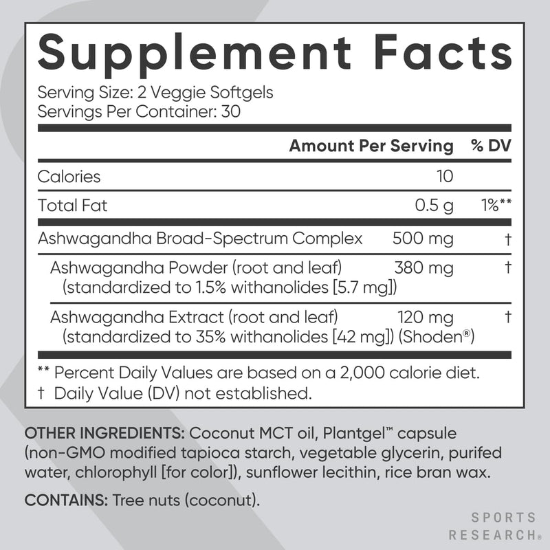 [Australia] - Sports Research® Ashwagandha Softgels with Coconut MCT Oil - Natural Adaptogen made with Shoden® Ashwa for Relaxation, Calm & Sleep Support - Gluten Free & Vegan Friendly - 60 Count 60 Count (Pack of 1) 