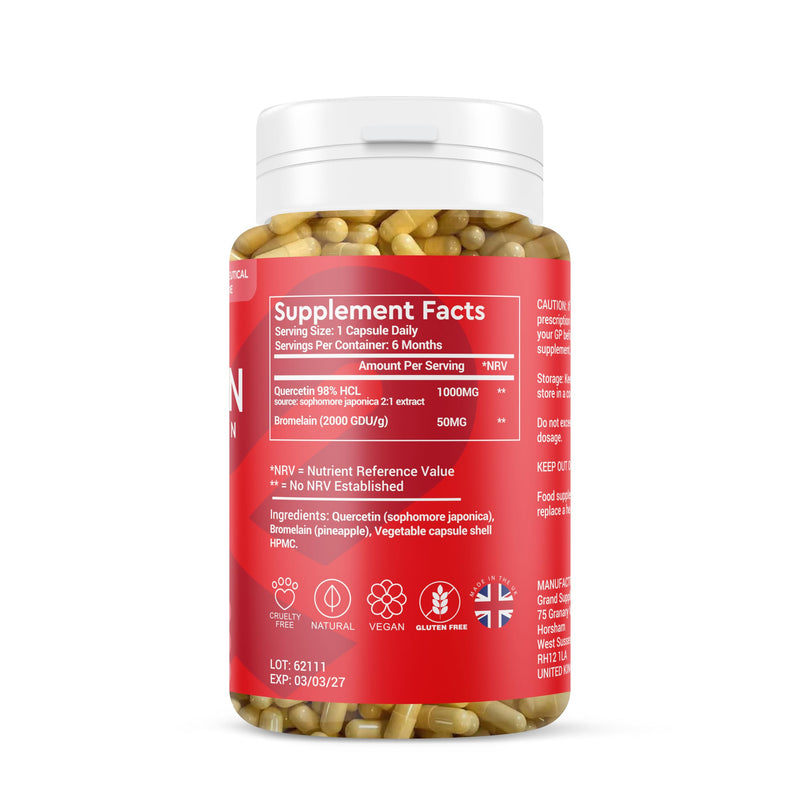 Pure Quercetin Supplement 1000mg- Organic Quercetin Bromelain Capsules for Immune Health, Respiratory Support, & Overall Wellness- Non GMO Antioxidant Supplement- 6 Month Supply