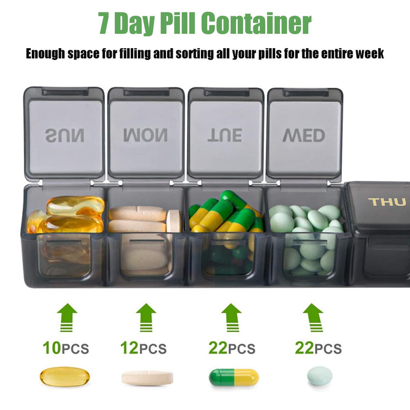 2 Pack Weekly Pill Organizer, Large 7 Day Pill Case, Daily Vitamin Case Medicine Box, AM/PM Pill Containers for Medicine Supplements Fish Oil (Black & Black) Black & Black