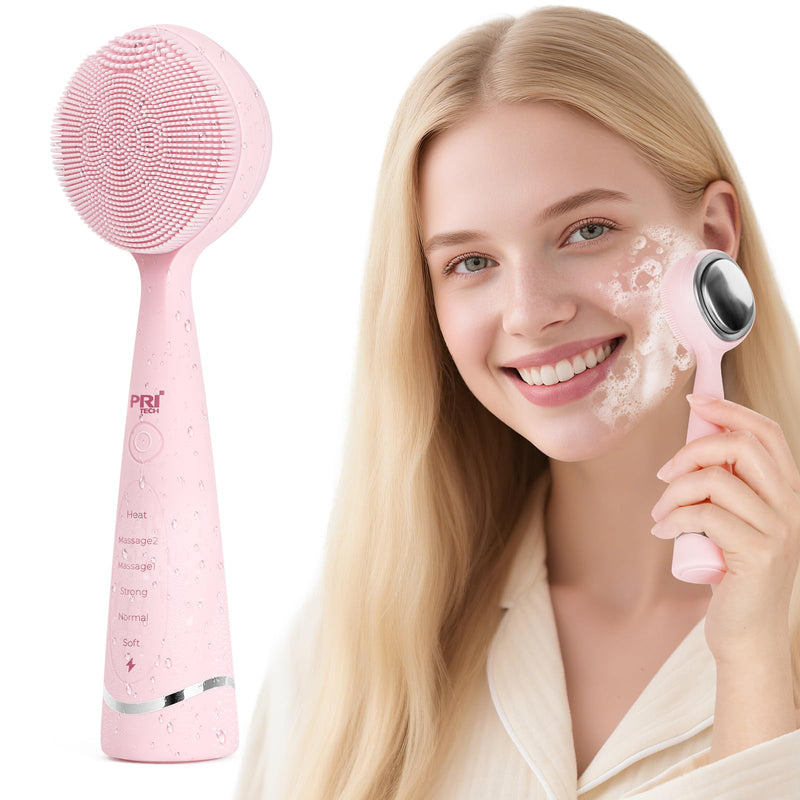 PRITECH Facial Cleansing Brush, Rechargeable Silicone Face Scrubber with Constant-Temperature Heating, Vibrating Exfoliator Scrubber for Deep Pore Cleaning, Waterproof Face Brush for Women & Men -Pink Pink