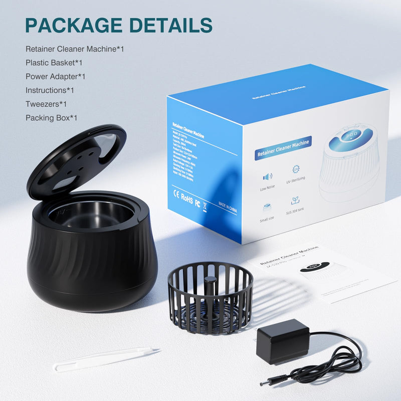 [Australia] - Ultrasonic Retainer Cleaner Machine- 45kHz Denture Cleaner, 200ML Dental Cleaning Pod for Aligners, Mouth Night Guards, Toothbrush Heads & Jewelry, 4 Cleaning Modes, Digital Timer, Black 
