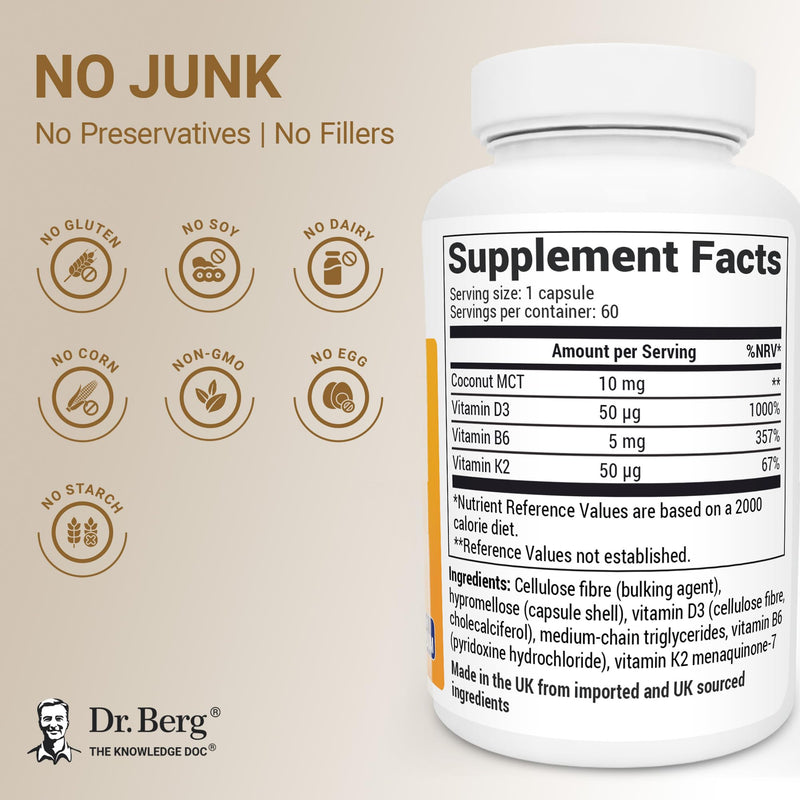 Dr. Berg Vitamin D3 K2 with MCT Powder - Includes 2,000 IUs of Vitamin D3 & 50 mcg MK7 Vitamin K2 - No Added Sugars, Maltodextrin or Corn Syrup - 60 Capsules 60 count (Pack of 1)