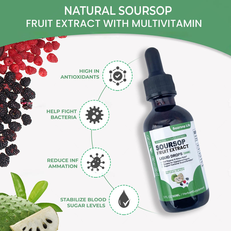 Soursop multivitamin Drop Natural Energy Booster, Immune Support, Vegan,Gluten Free,Non-GMO Vitamin B6,C,D, 60ml