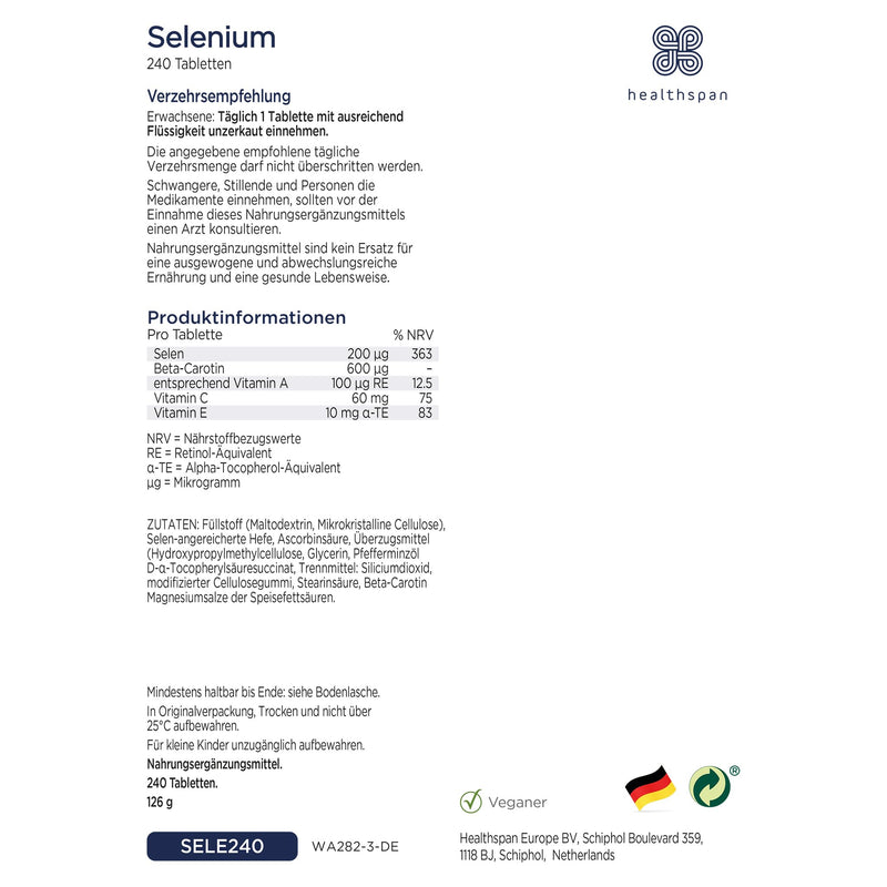 [Australia] - Healthspan Selenium | Highly absorbable | With Vitamin C, A & E | Support for hair, nails and skin health | Comprehensive support of the immune system & cell protection | Vegan | 240 tablets 