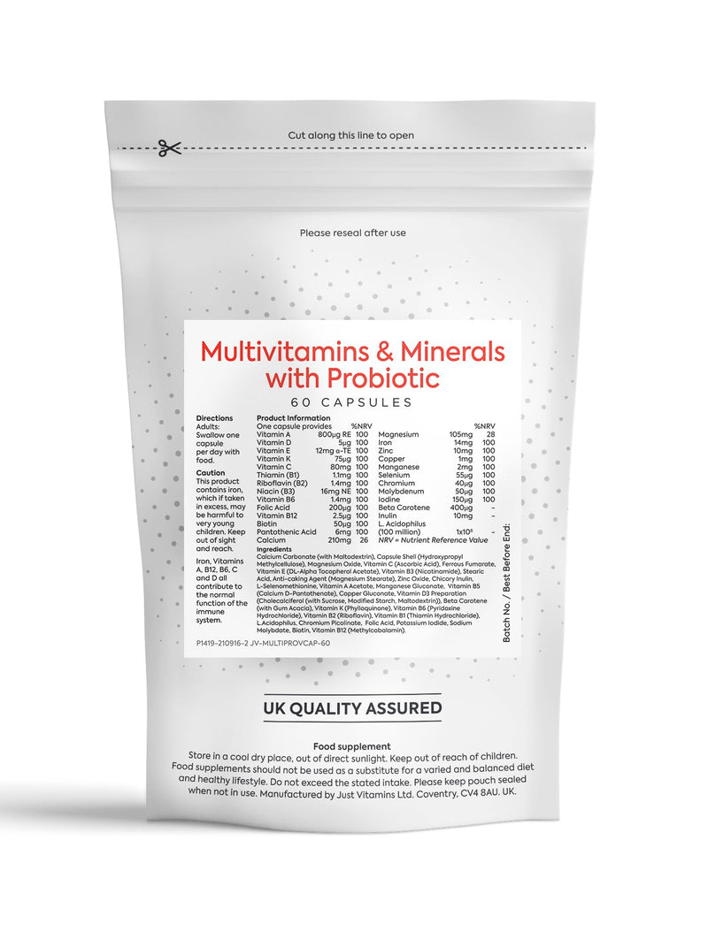 Probiotic Multivitamins & Minerals | 60 Tablets | Live Lactobacillus Acidophilus, Prebiotics, Zinc, Vitamin D, Iron & B-Complex | Gut Health & Immune Support | Just Vitamins - Made in UK