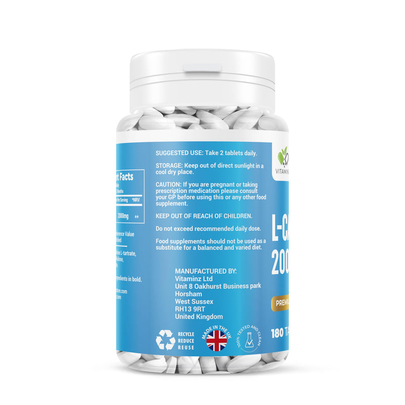 VITAMINZ L-Carnitine Complex 2000mg - 90 Days Supply - 180 Vegan Tablets 180 count (Pack of 1)