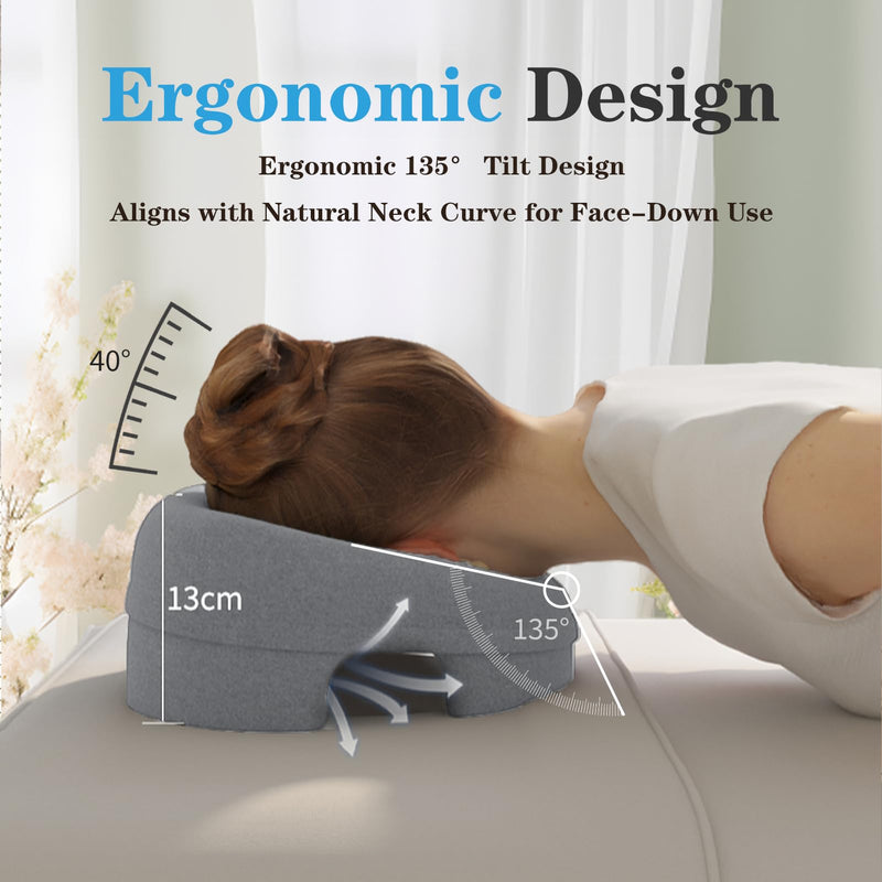 [Australia] - Ergonomic Face Down Pillow for Massage – Memory Foam Face Pillow with Detachable Cover, Ideal for Prone Sleepers, Stomach Sleeping, Post-Eye Surgery Recovery, Spa, and Beach Tanning (Grey) Grey 