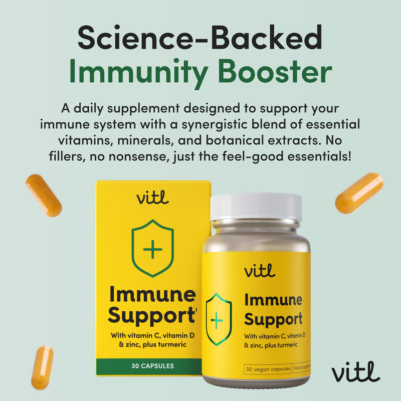 Vitl Immune Support Supplement - 30 Vegan Capsules - with Vitamin D, Vitamin C, Folate, Zinc, Turmeric & Elderberry Extracts - 1 Month Supply 30 count (Pack of 1)