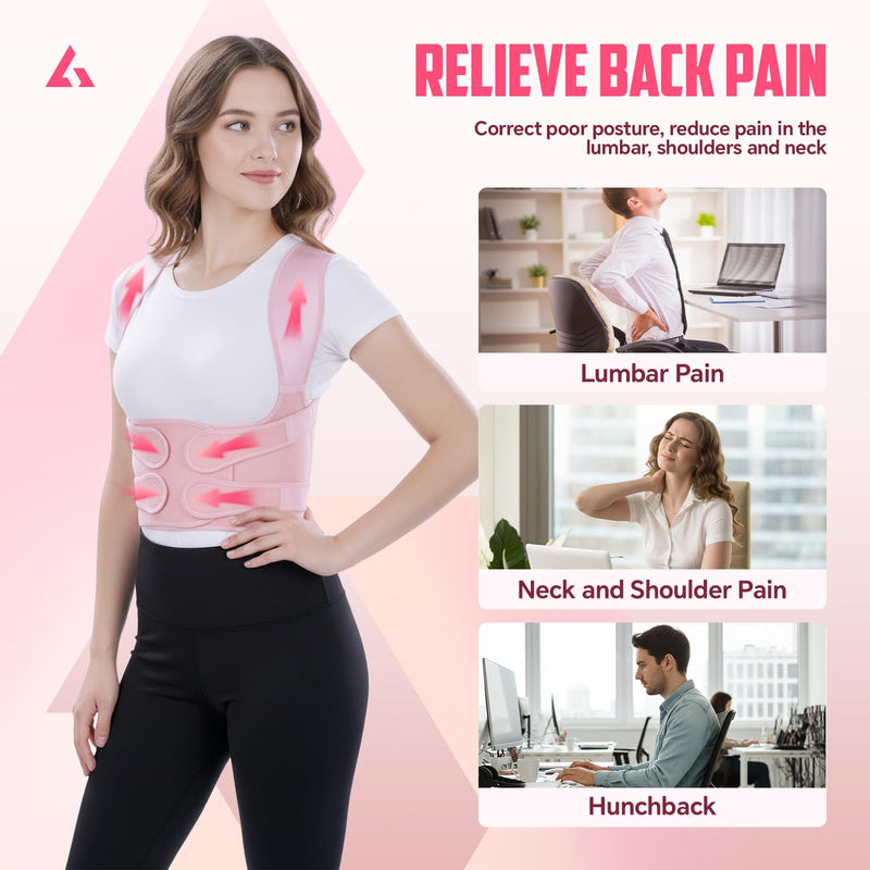 Back Brace Posture Corrector for Women and Men, Full Back Support Straps Straightener, Hunchback Improve Posture-Shoulder, Lumbar and Upper Lower Back Pain Relief (Pink, S) Pink Small