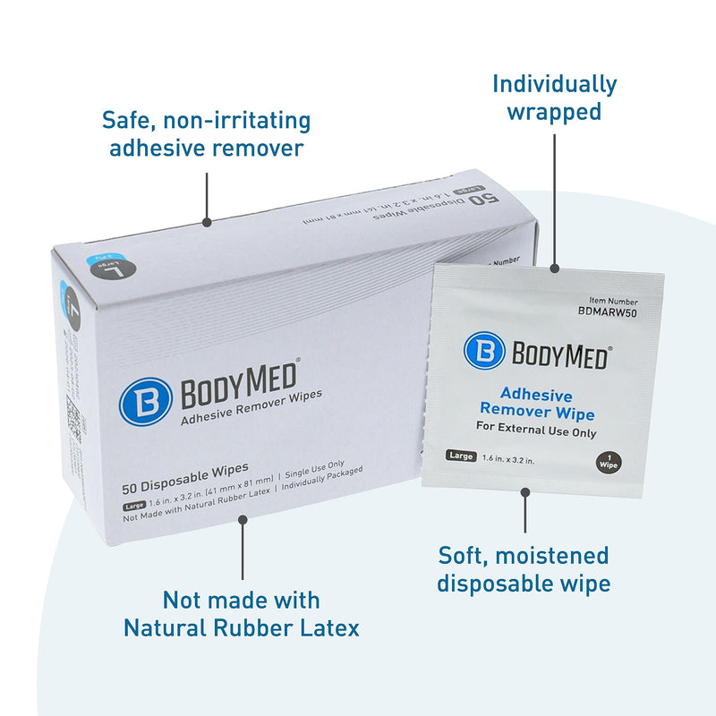 [Australia] - BodyMed Adhesive Remover Wipes - Skin Cleaning Wipes for Removing On-Skin Adhesives, Skin Barriers, Tape, and Hydrocolloid Dressings - 1.6 x 3.2 Inch Wipes - 50 Wipes Per Box 