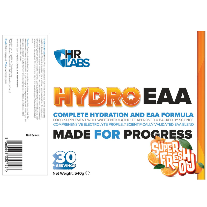 HydroEAA, Complete Hydration & EAA Essential Amino Acid Formula, with Comprehensive Electrolytes Profile, 540g, 30 Servings, 4 Flavours (540g, Super Fresh OJ)