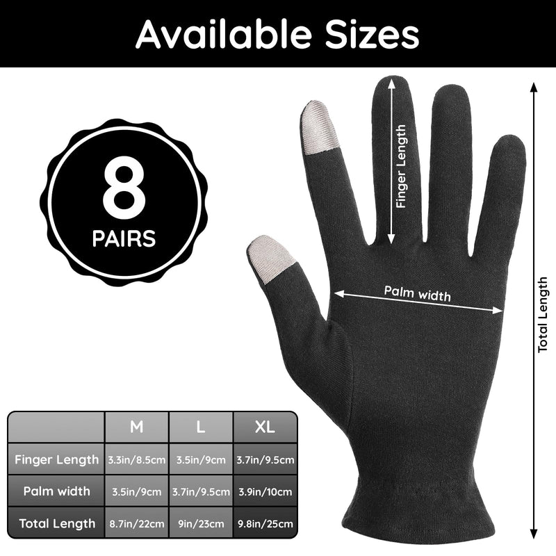 [Australia] - Segbeauty 16 Counts Elastic Black Cotton Gloves for Working, 8 Pair Touchscreen Sleeping Moisturizing Lotion Gloves Overnight with Elastic Band, Hand Care Cotton Moisture Work Glove for Typing Driving Extra Large 16.0 