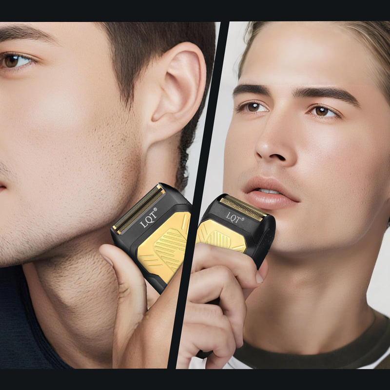 [Australia] - LQTⓇ Mini Foil Shaver, Portable Cordless Electric Shaver for Men, Equipped with a Set of Replacement Heads, USB-C Charging Cable, and Cleaning Brush, Suitable for Travel and Home use. (Golden) Golden 