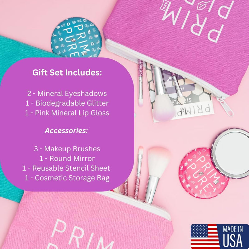 [Australia] - Prim and Pure Kids Makeup Gift Set - Stencil, Makeup Eyeshadow Bioglitter Lip Gloss and Cosmetic Bag Mirror Makeup Brush Accessories (Fairy Purple) Fairy Purple 