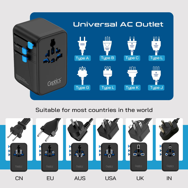 Ceptics 6 in 1 International Power Adapter with PD 140W USB-C, 1x USB-A, 3X Type C, Universal Input and 1x USA/JP Input with Type A, C, G, I Plug outlets for Global Travel – CE & RoHS Certified Black/Blue