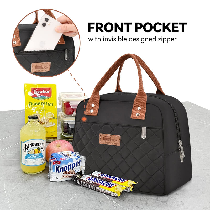 [Australia] - HOMESPON Insulated Lunch Bag for Women Men Adults Lunch Tote with Front Pocket Lunch Box Container Cooler Bag for Work Picnic (Black) Black 