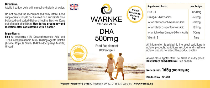[Australia] - Warnke DHA 500mg from fish oil - 100 softgels - docosahexaenoic acid with eicosapentaenoic acid - omega-3 fatty acids - high dosage | Warnke vital substances - German pharmacy quality 