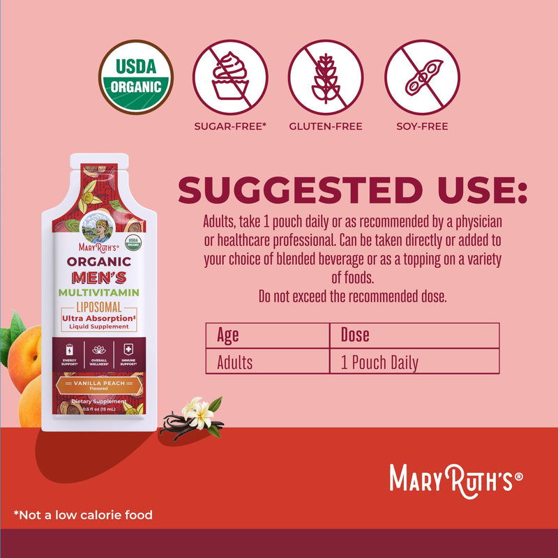 MaryRuth Organics Multivitamin for Men | USDA Organic | Sugar Free Mens Multivitamin Liposomal | Liquid Vitamins for Men | Immune Support Supplement & Overall Wellness | Vegan | 14-0.5 Fl Oz Pouches | 0.5 Fl Oz